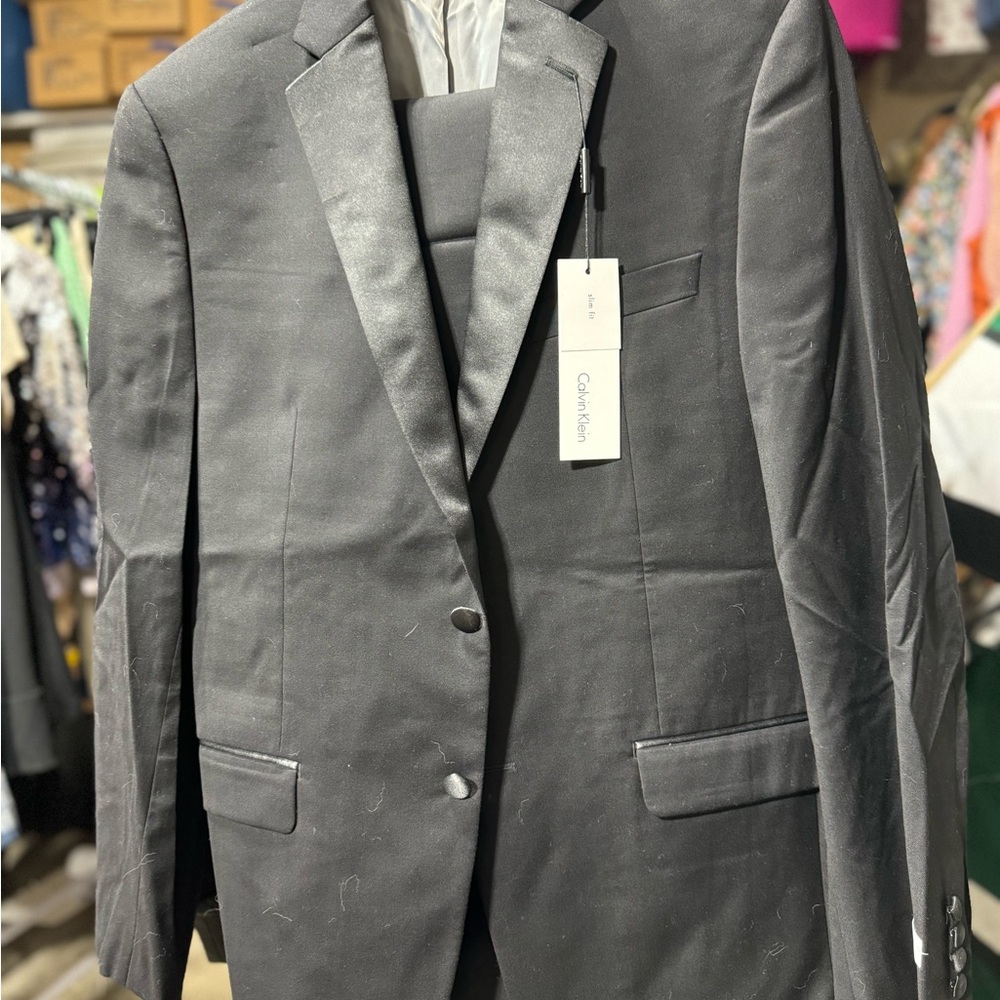 New Calvin Klein Satin Lapel Tuxedo Jacket Men's 38 Slim Black Stretch Wool 32W